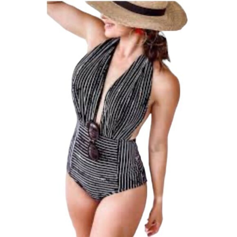 ENVYA Navy Blue/White Halter High Waisted Pin Up Swimsuit Size XS EUC #6869